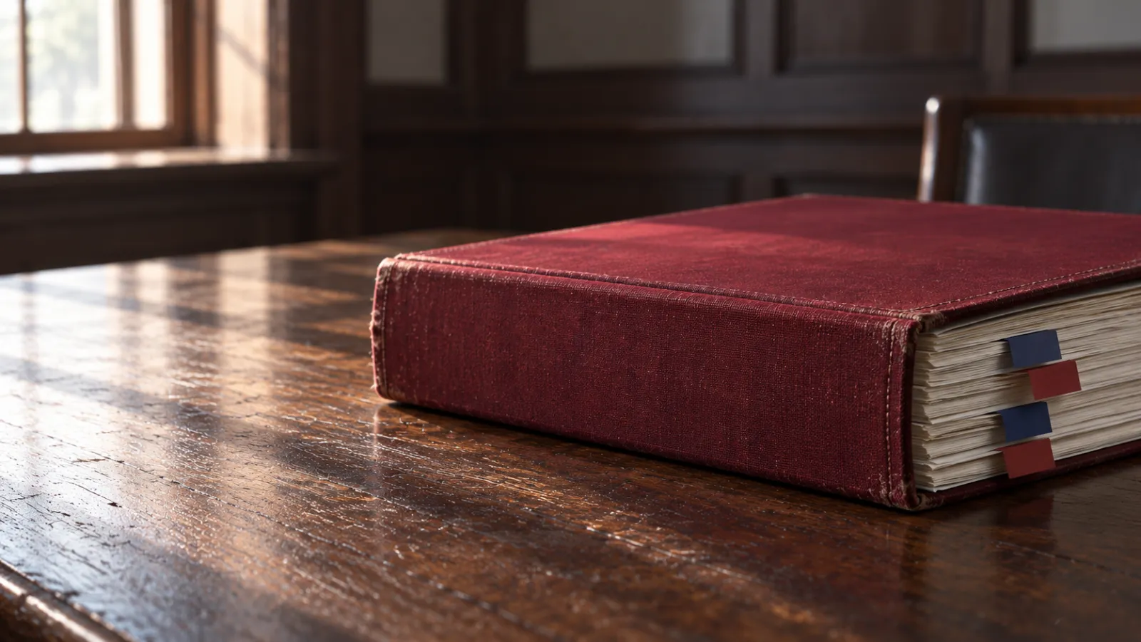 Closed oxblood trial binder with blank colored exhibit tabs on a wooden conference table